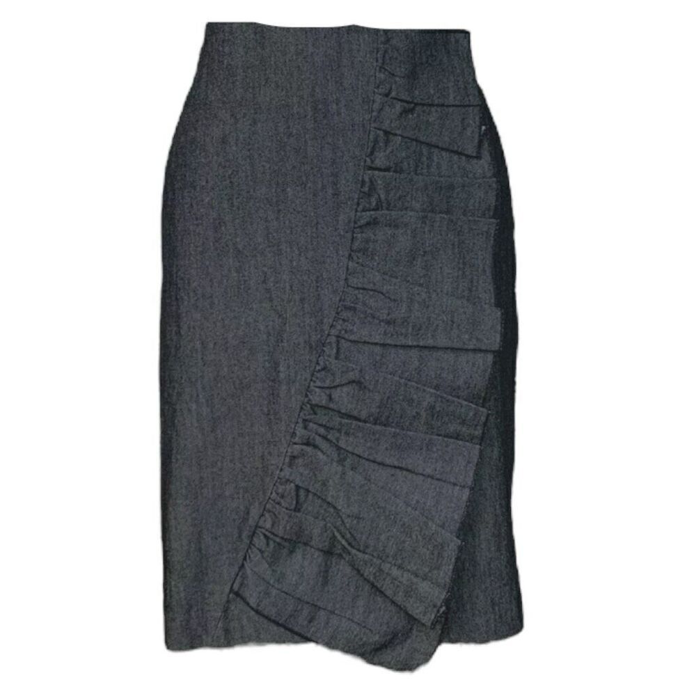 Sandro Sportswear Black Chambray Ruffle Straight Skirt Size 12 Zipper Back